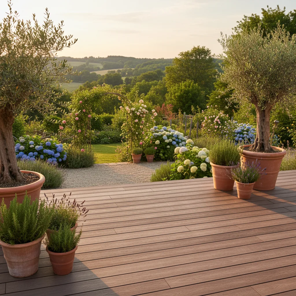 Terrasse en bois composite avec jardin paysager en arrière-plan