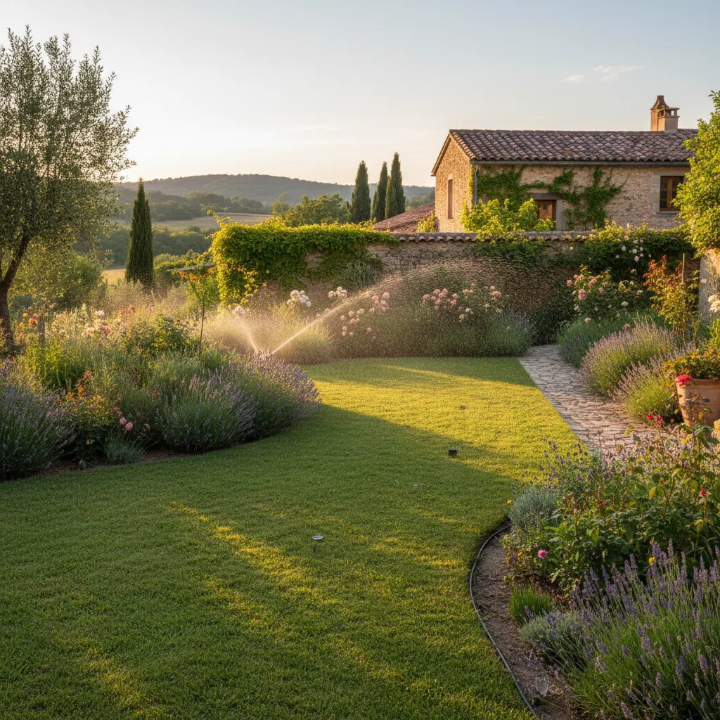Système d'arrosage automatique enterré dans un jardin paysager
