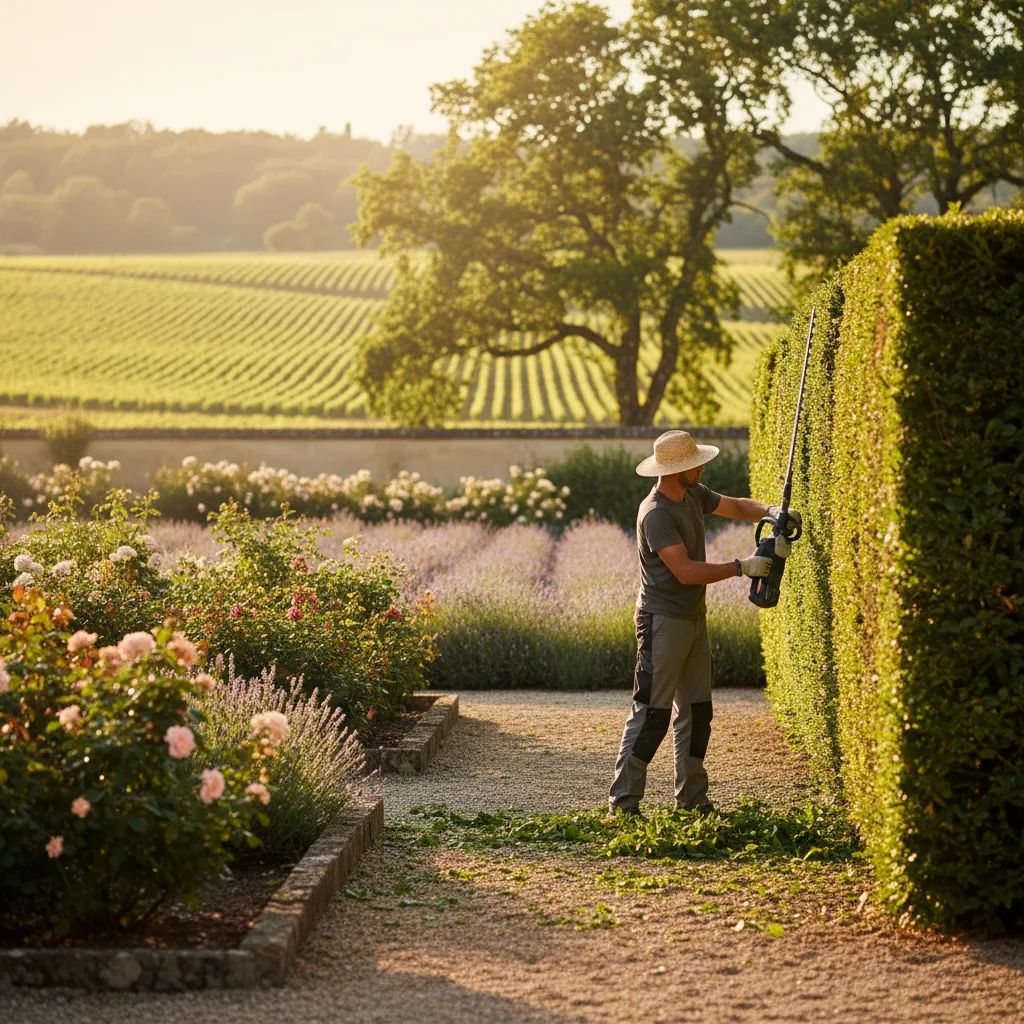 Entretien de jardin avec taille de haies par un paysagiste professionnel